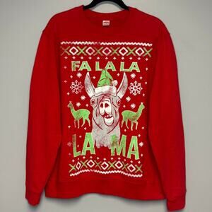 Holiday Time Ugly Christmas Falala Llama Print Red Sweatshirt Mens Sz L‎